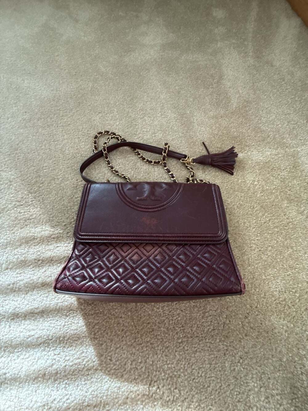 Tory Burch Fleming Quilted Leather Convertible Shoulder Bag Burgundy